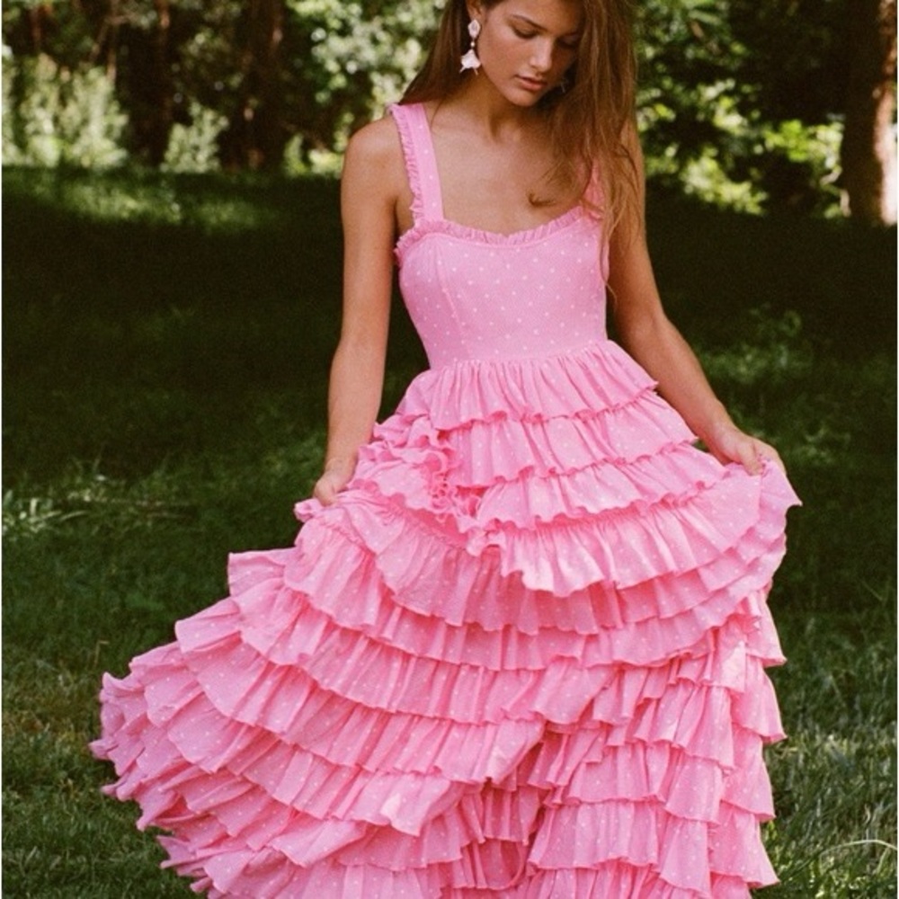 LoveShackFancy long tiered ruffle gown with polka dot print